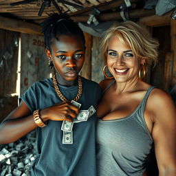 Inside a rundown shack filled with cocaine, a young African woman, petite and malnourished at 20 years old, with very dark skin and an angry expression, is dressed in an oversized men's hip-hop t-shirt