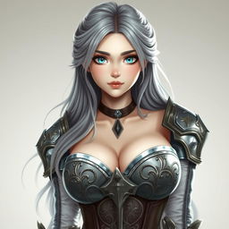 A very busty, kind, and cute European cleric girl with bright turquoise eyes and long, flowing ash grey hair