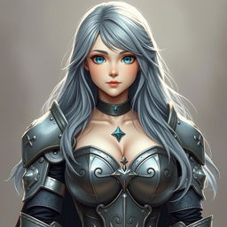A very busty, kind, and cute European cleric girl with bright turquoise eyes and long, flowing ash grey hair