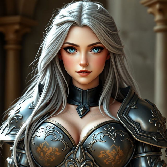 A very busty, kind, and cute European cleric girl with bright turquoise eyes and long, flowing ash grey hair