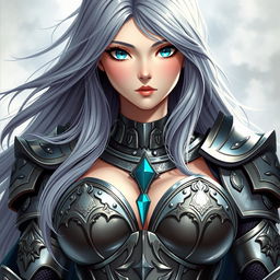 A very busty, kind, and cute European cleric girl with bright turquoise eyes and long, flowing ash grey hair