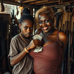 Inside a rundown shack filled with weapons, a young African woman, petite and malnourished at 20 years old, has very dark skin and an angry expression