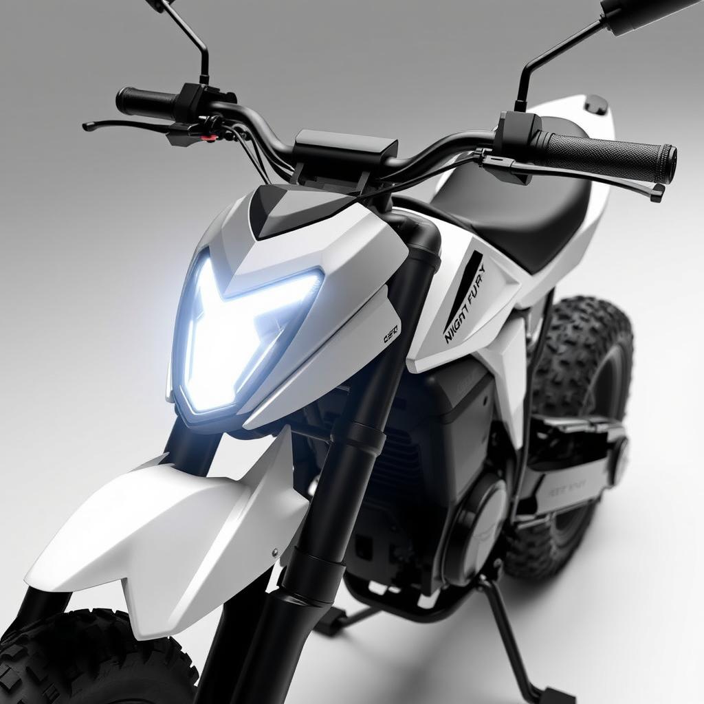 A unique electric pit bike featuring sharp contours while embodying a sleek and modern style