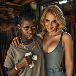 Inside a rundown shack filled with weapons, a young African woman, very small and malnourished at 20 years old, has dark black skin and an angry expression