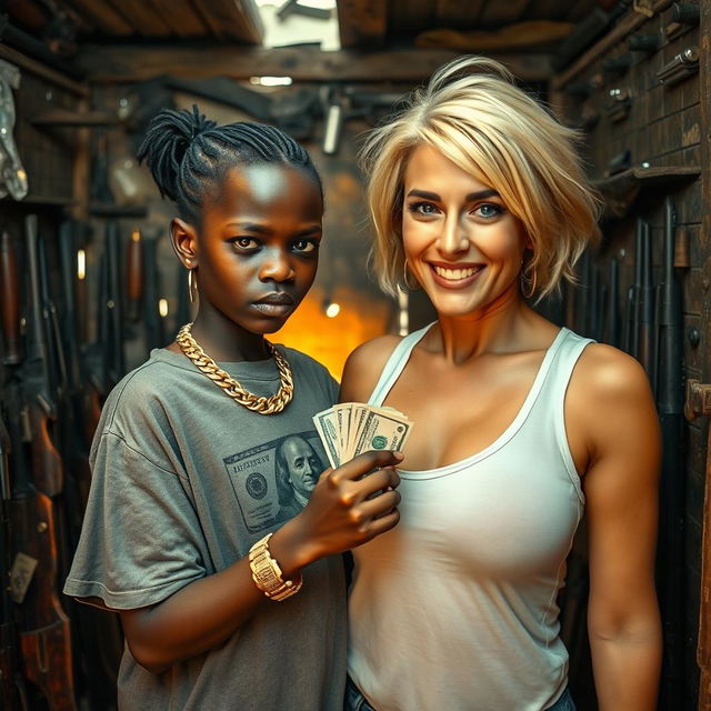 Inside a rundown shack filled with weapons, a young African woman, very small and malnourished at 20 years old, has dark black skin and an angry expression