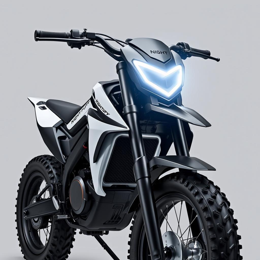 A unique electric pit bike featuring sharp contours while embodying a sleek and modern style