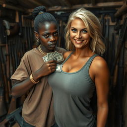 Inside a rundown shack filled with weapons, a young African woman, short and malnourished at 20 years old, has very dark skin and an angry expression