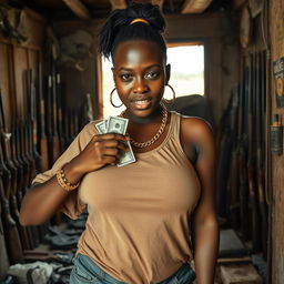 Inside a rundown shack filled with weapons, a young African woman, short and malnourished at 20 years old, has very dark skin and an angry expression