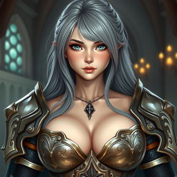 A very busty, kind and cute European cleric girl, featuring bright turquoise eyes and long ash grey hair