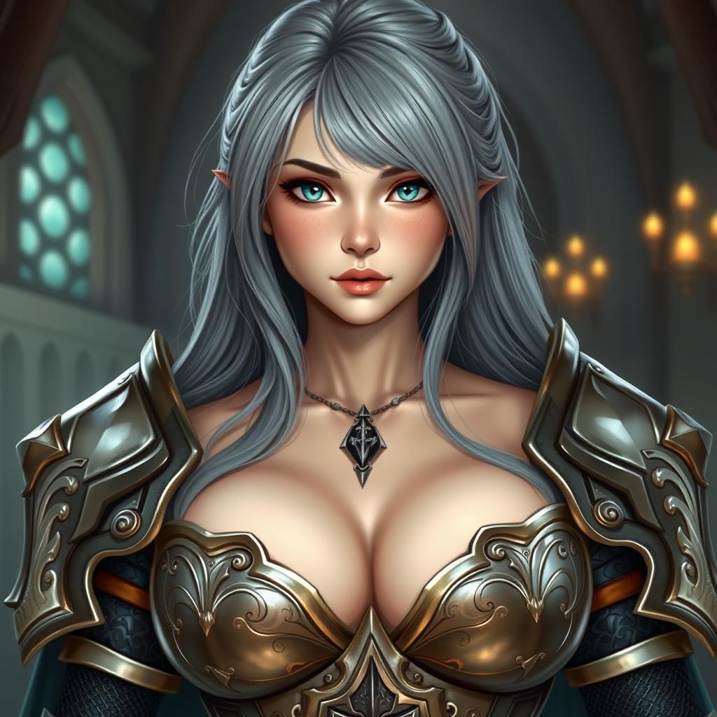 A very busty, kind and cute European cleric girl, featuring bright turquoise eyes and long ash grey hair