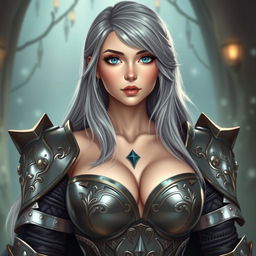 A very busty, kind and cute European cleric girl, featuring bright turquoise eyes and long ash grey hair