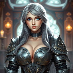A very busty, kind and cute European cleric girl, featuring bright turquoise eyes and long ash grey hair