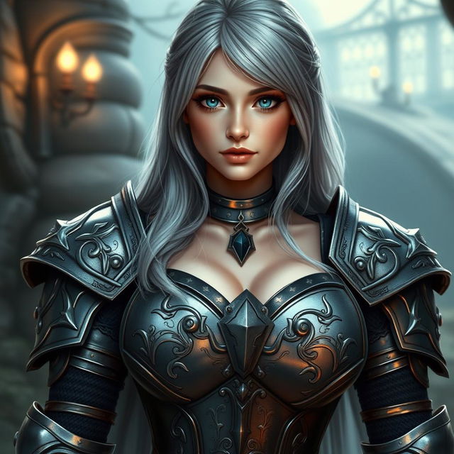 A very busty, kind and cute European cleric girl, featuring bright turquoise eyes and long ash grey hair