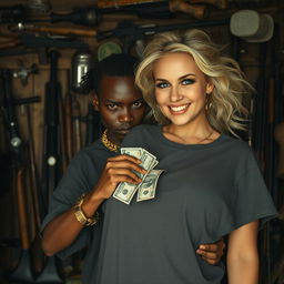 Inside a rundown shack filled with weapons, a young African woman, very short and malnourished at 20 years old, has deep black skin and a fierce, angry expression