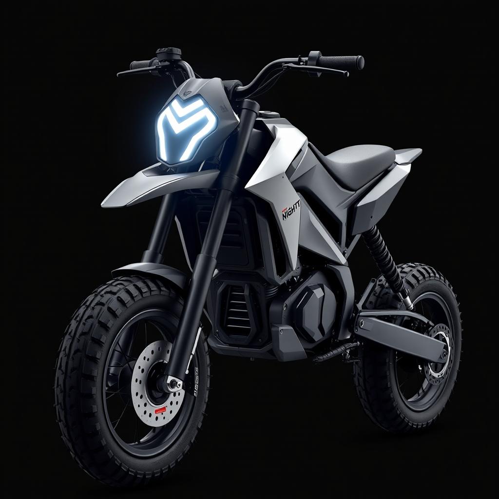 A unique electric pit bike featuring sharp contours while embodying a sleek and modern style
