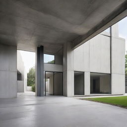 Exterior view of an industrial minimalist house featuring exposed concrete