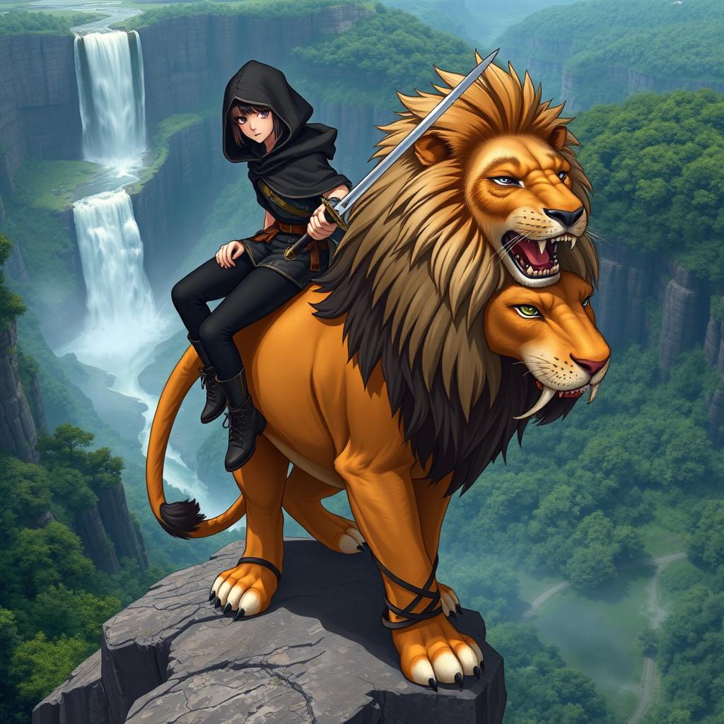 A teenage human female hero with striking purple eyes, dressed in a hooded cloak, black pants, and sturdy boots