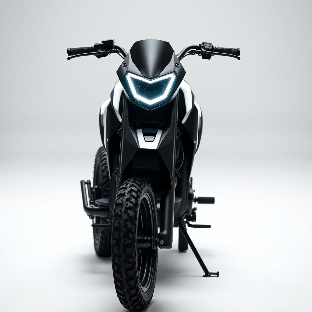 A unique electric pit bike featuring sharp contours while embodying a sleek and modern style
