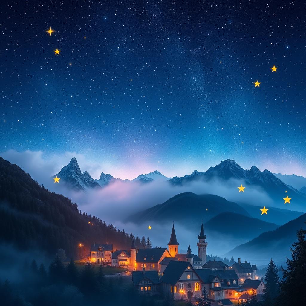 A captivating book cover design featuring a mesmerizing night sky filled with sparkling stars in the upper part