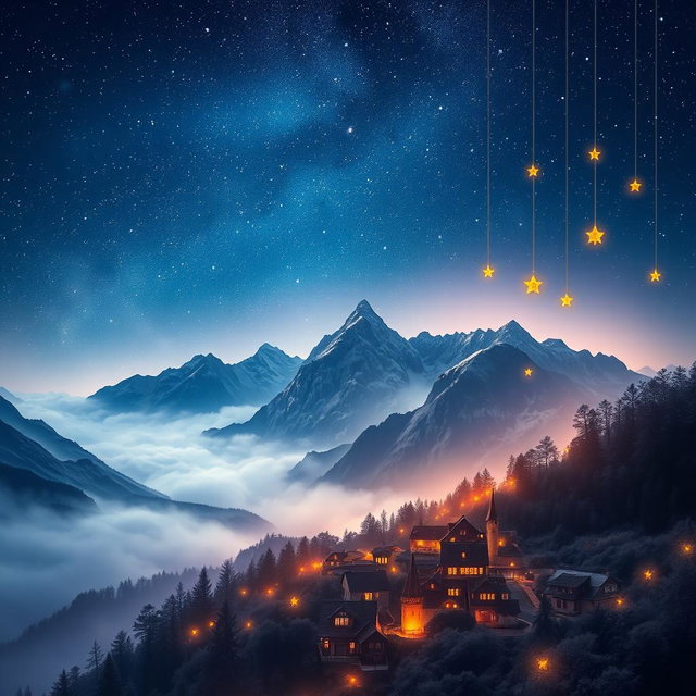 A captivating book cover design featuring a mesmerizing night sky filled with sparkling stars in the upper part