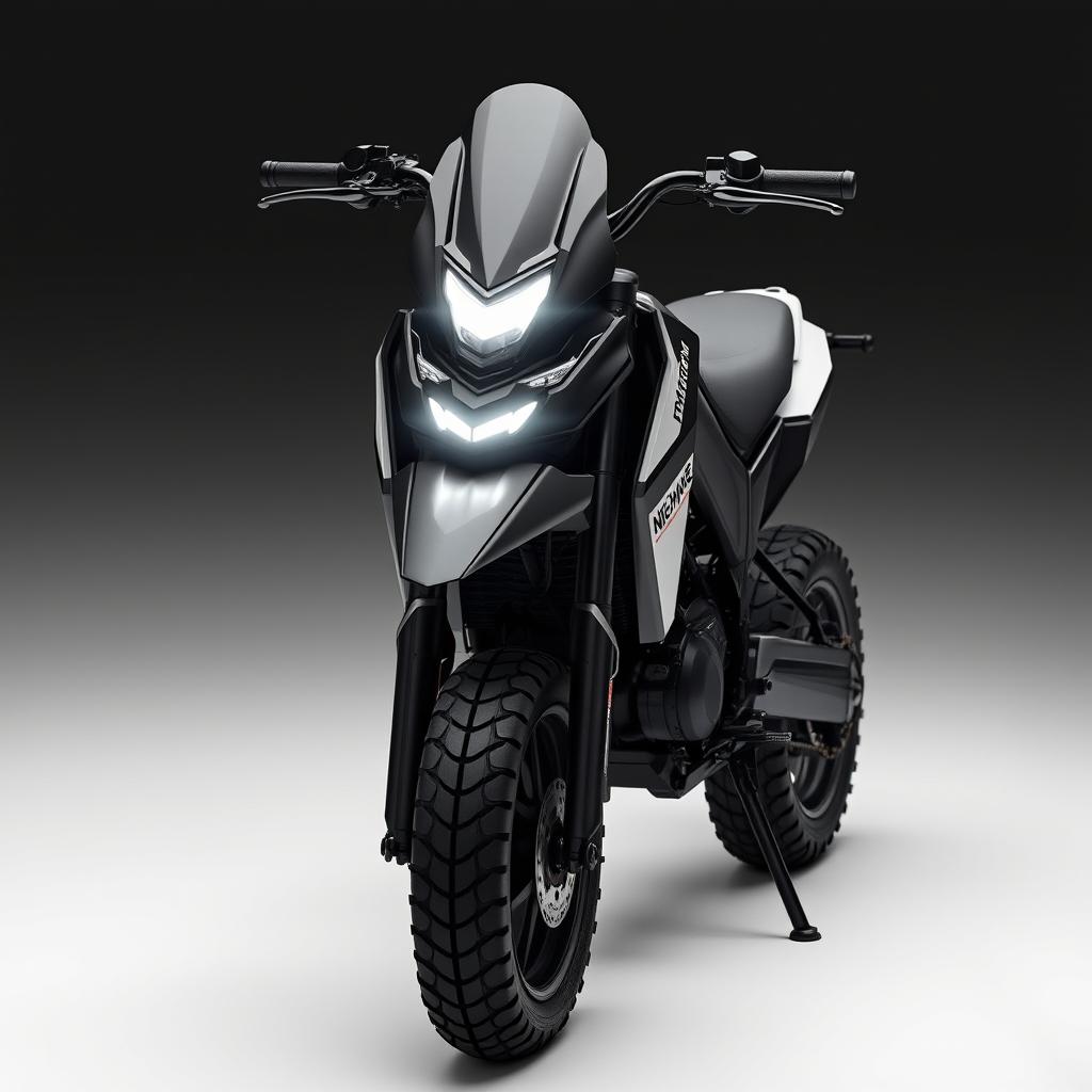 A unique electric pit bike featuring sharp contours while incorporating a sleek and modern style in black and white colors for a fashionable and contemporary look