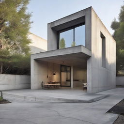 Exterior view of an industrial minimalist house featuring exposed concrete