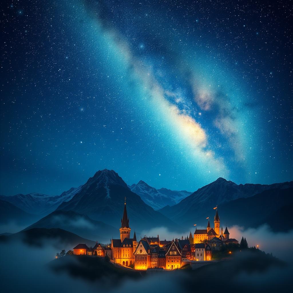 A long book cover design featuring a breathtaking night sky filled with sparkling stars, casting a mystical glow