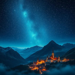 A long book cover design featuring a breathtaking night sky filled with sparkling stars, casting a mystical glow