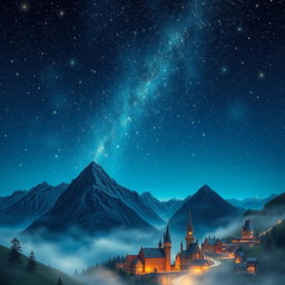 A long book cover design featuring a breathtaking night sky filled with sparkling stars, casting a mystical glow