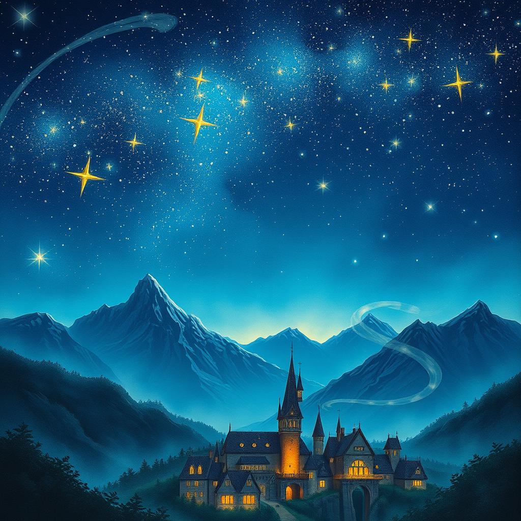 A fantasy book cover illustration depicting a captivating night sky filled with twinkling stars, glowing brightly in the upper part of the image