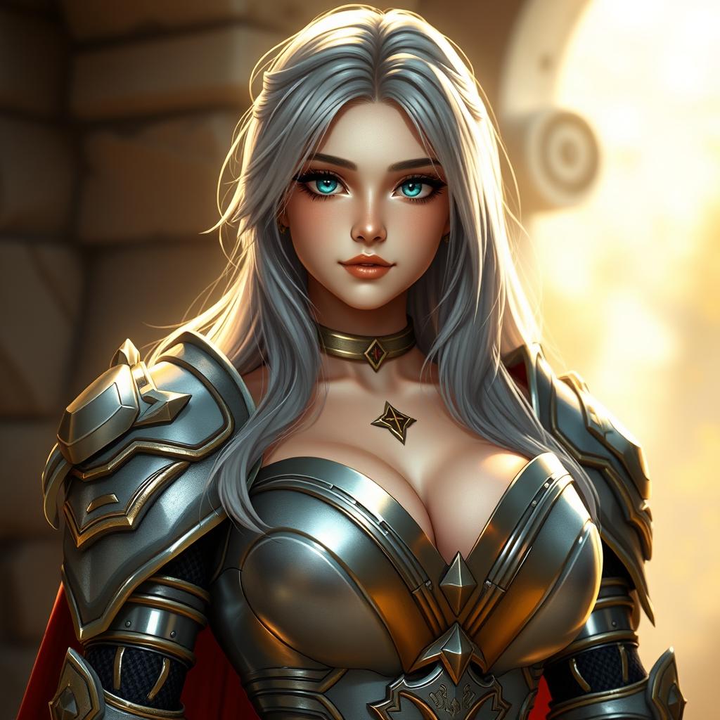 A very busty, kind, and cute European cleric girl with bright turquoise eyes and long ash grey hair