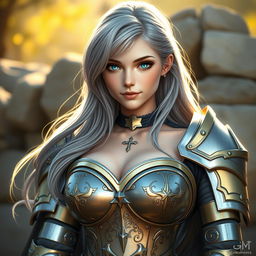 A very busty, kind, and cute European cleric girl with bright turquoise eyes and long ash grey hair
