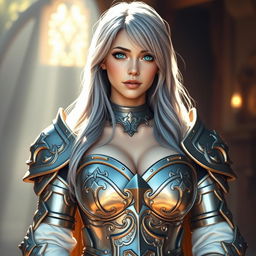 A very busty, kind, and cute European cleric girl with bright turquoise eyes and long ash grey hair