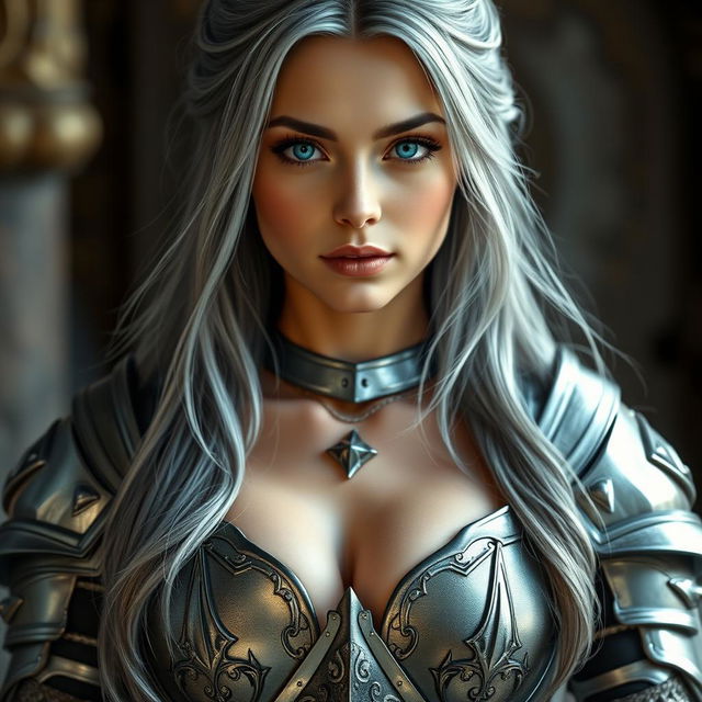 A gorgeous European cleric girl with bright turquoise eyes and long ash grey hair, featuring a diamond-shaped, kind, shy, and caring face