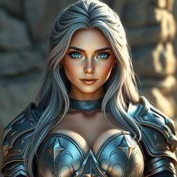 A gorgeous European cleric girl with bright turquoise eyes and long ash grey hair, featuring a diamond-shaped, kind, shy, and caring face