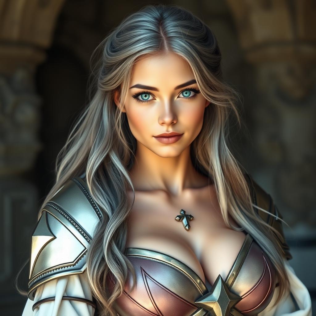 A gorgeous European cleric girl with bright turquoise eyes and long ash grey hair, featuring a diamond-shaped, kind, shy, and caring face