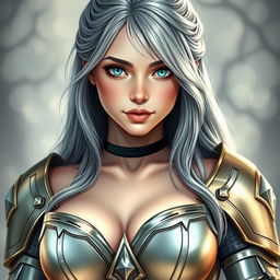 A gorgeous European cleric girl with bright turquoise eyes and long ash grey hair, featuring a diamond-shaped, kind, shy, and caring face