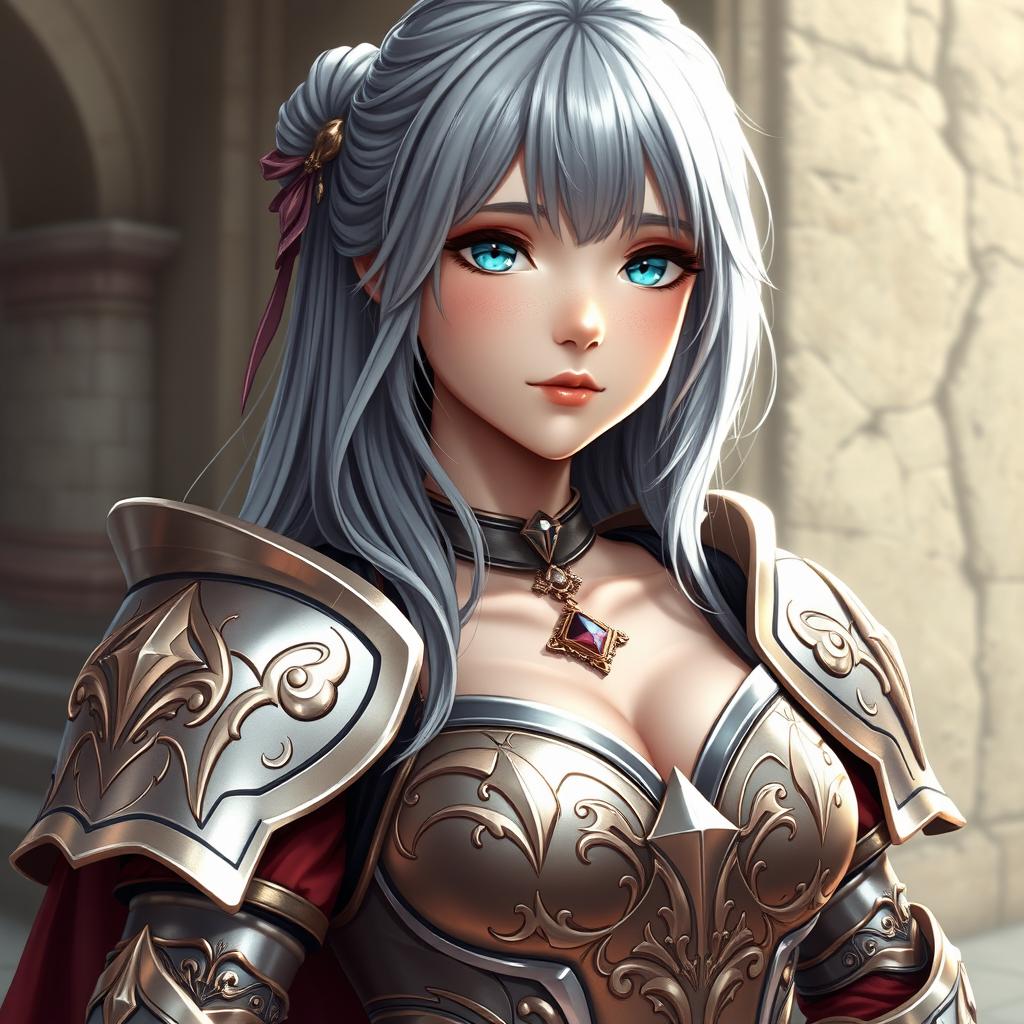 A kind and cute European cleric girl with bright turquoise eyes and long ash grey hair