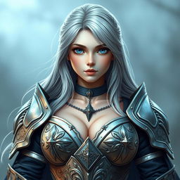 A kind and cute European cleric girl with bright turquoise eyes and long ash grey hair