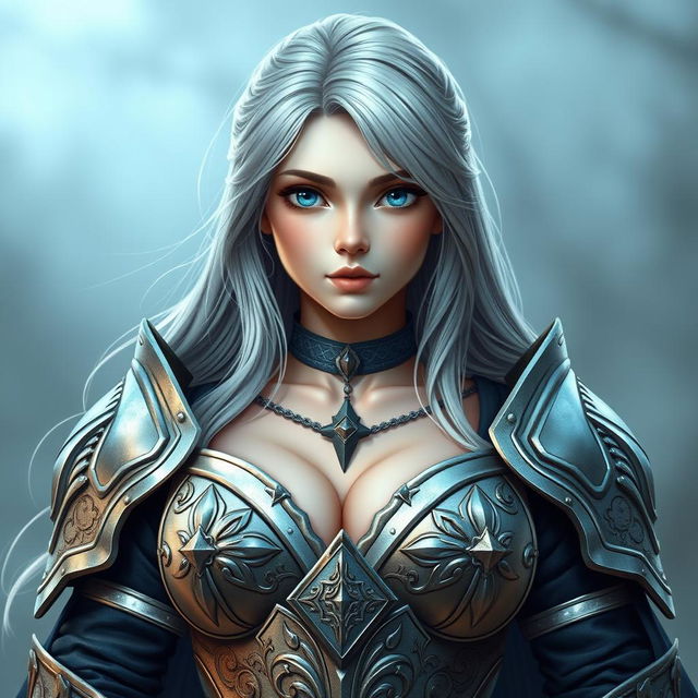 A kind and cute European cleric girl with bright turquoise eyes and long ash grey hair