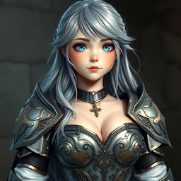 A kind and cute European cleric girl with bright turquoise eyes and long ash grey hair