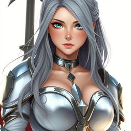 A very busty, cute, and gorgeous European cleric girl with bright turquoise eyes and long ash grey hair