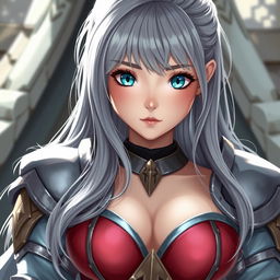 A very busty, cute, and gorgeous European cleric girl with bright turquoise eyes and long ash grey hair