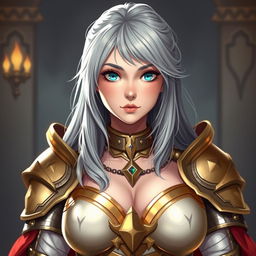 A very busty, cute, and gorgeous European cleric girl with bright turquoise eyes and long ash grey hair