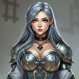 A very busty, cute, and gorgeous European cleric girl with bright turquoise eyes and long ash grey hair