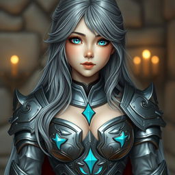 A cute and gorgeous European cleric girl with bright turquoise eyes and long ash grey hair, featuring a diamond-shaped, kind, shy, and caring face