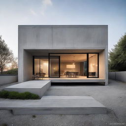 Exterior view of an industrial minimalist house featuring exposed concrete