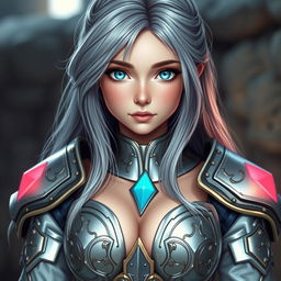 A cute and gorgeous European cleric girl with bright turquoise eyes and long ash grey hair, featuring a diamond-shaped, kind, shy, and caring face