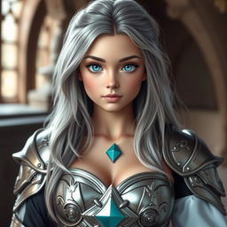 A cute and gorgeous European cleric girl with bright turquoise eyes and long ash grey hair, featuring a diamond-shaped, kind, shy, and caring face