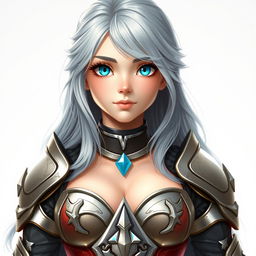 A cute and gorgeous European cleric girl with bright turquoise eyes and long ash grey hair, featuring a diamond-shaped, kind, shy, and caring face